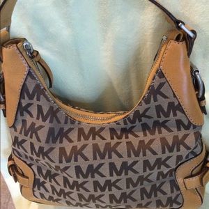 MICHAEL KORS BROWN LOGO MUSTARD LEATHER TRIM BAG